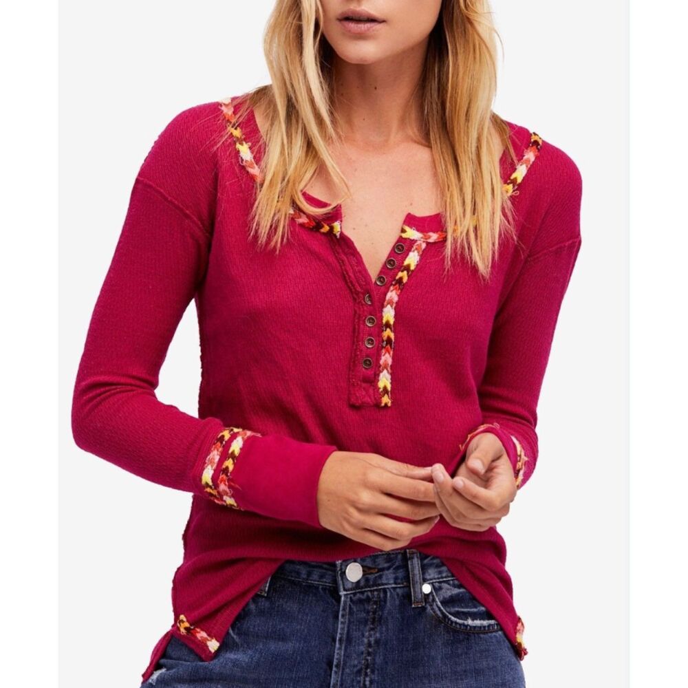 ✨ FREE PEOPLE We The Free Magenta Embroidered Henley Top Size M ✨